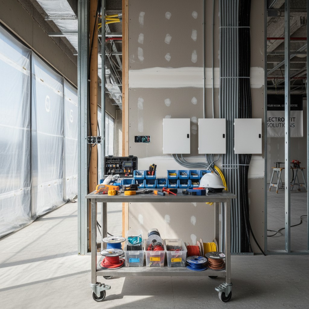An industrial room with exposed wiring, a work table with electrical tools and supplies, and a concrete floor.
